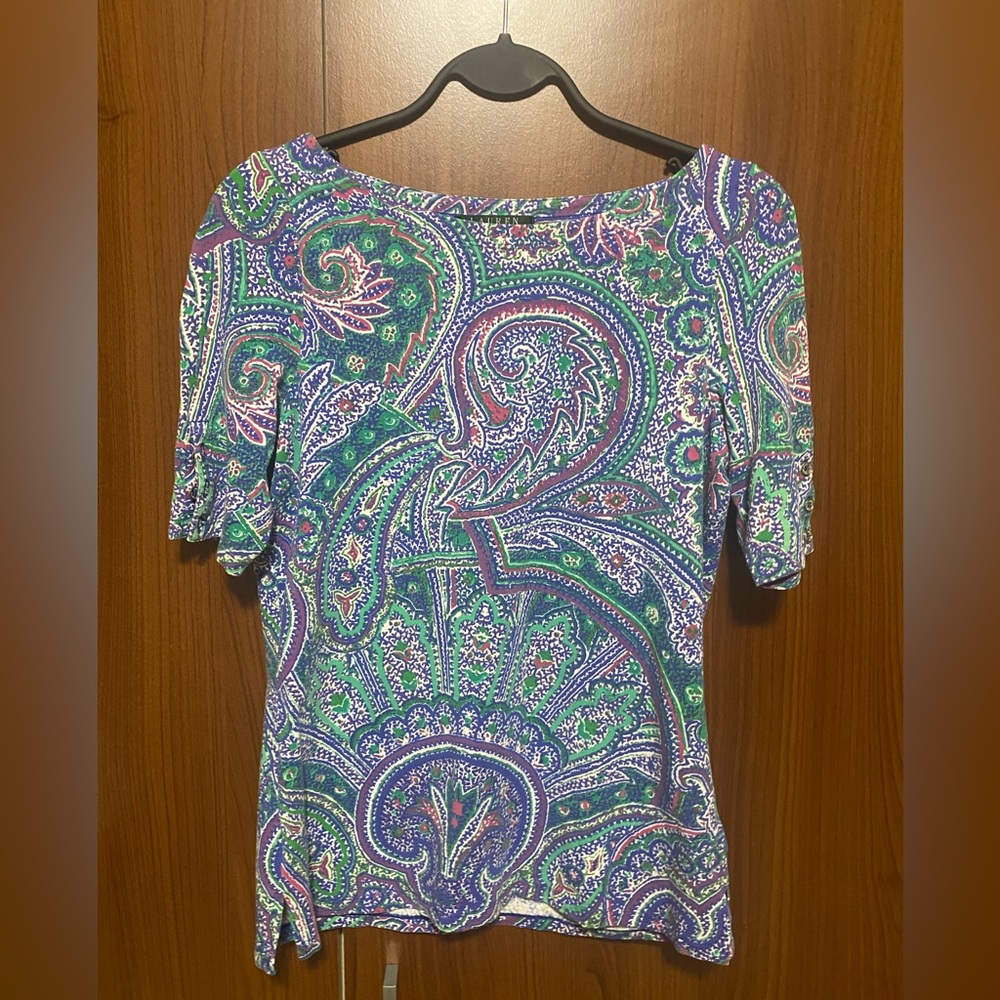 Lauren Ralph Lauren Blue Green Paisley Short Sleeve Top Size M